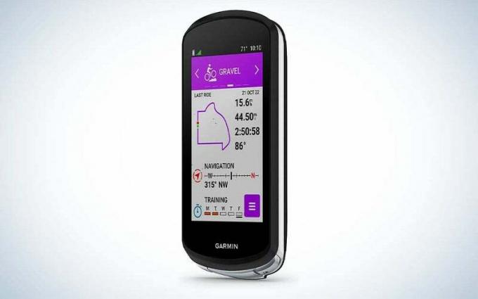 מחשב אופניים Garmin Edge 1040 Solar GPS שחור המציג את המרחק, הזמן, המסלול ועוד של רכיבת אופניים.