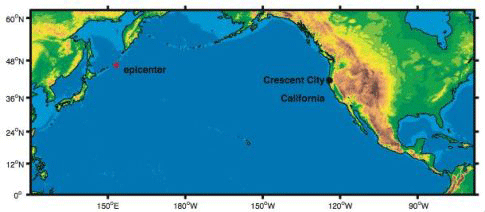 מפה זו מציגה את מוקד המוקד של רעידת האדמה שגרמה לצונאמי בסרסנט סיטי, קליפורניה, ב-2006. התמונה ממחישה כיצד צונאמי מקור מרוחק יכול להשפיע על קו חוף במרחק אלפי קילומטרים.
