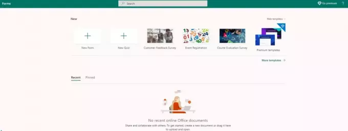 Página inicial do Microsoft Forms