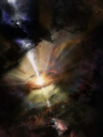 Глубоко в сердце самой яркой галактики-скопления Abell 2597 астрономы видят небольшое скопление гигантских газовых облаков, обрушивающихся на центральную черную дыру. Они были обнаружены по теням длиной в миллиарды световых лет, которые они отбрасывали на Землю. Эти данные ALMA представляют собой первое наблюдательное свидетельство предсказанной хаотической холодной аккреции сверхмассивной черной дыры.