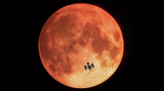 טלסקופ החלל האבל מול הירח.