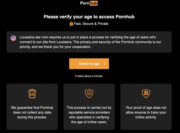 Správa Pornhub.com pre používateľov so sídlom v Louisiane.