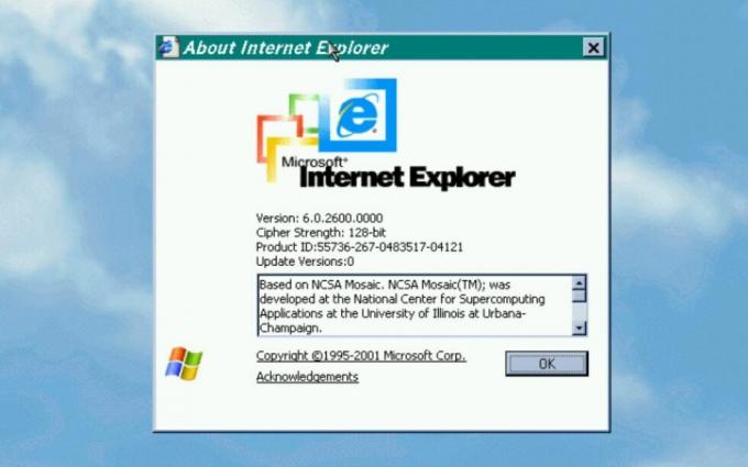 Zaslon O Internet Exploreru oglašavao je svoje Mosaic korijene sve do verzije 6.